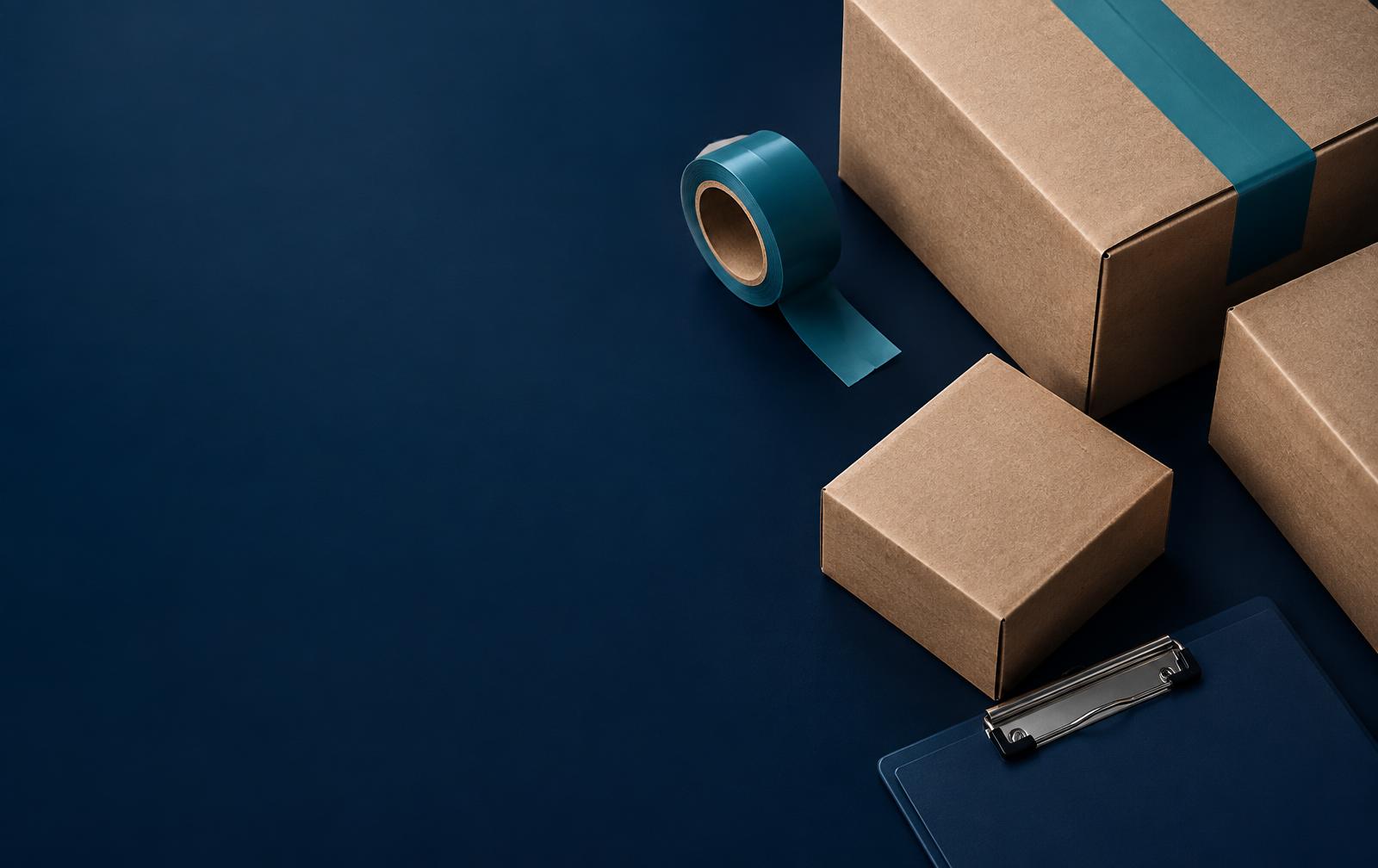 Unbranded courier parcels and packing materials on a navy worktable